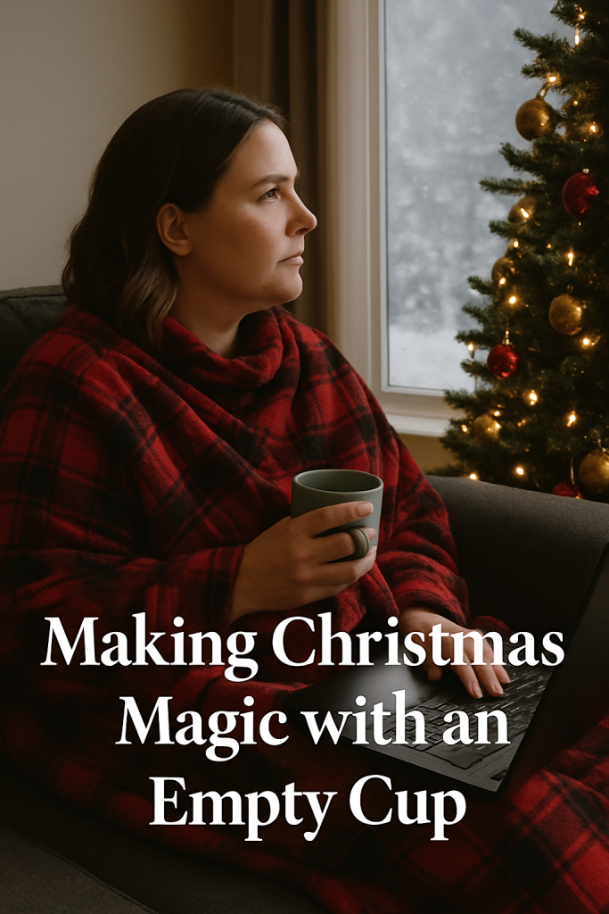 Making Christmas Magic with an Empty Cup A woman wrapped in a red plaid blanket sits on a couch, holding a mug and looking out the window at falling snow, with a decorated Christmas tree glowing beside her. Text on the image reads “Making Christmas Magic with an Empty Cup.”